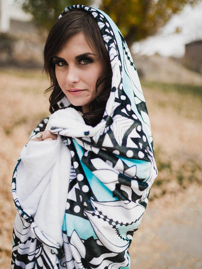 Black, Teal, and White Mandala Hooded Blanket 50X60