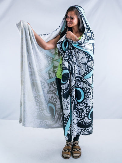 Black, Teal, and White Mandala Hooded Blanket