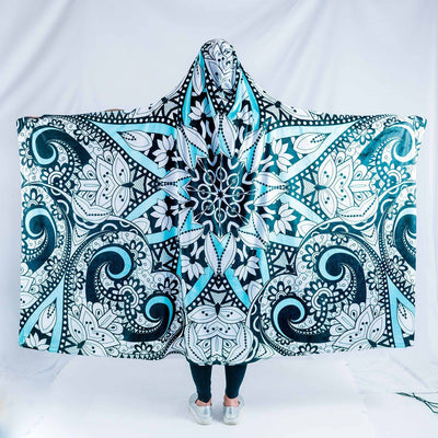 Black, Teal, and White Mandala Hooded Blanket