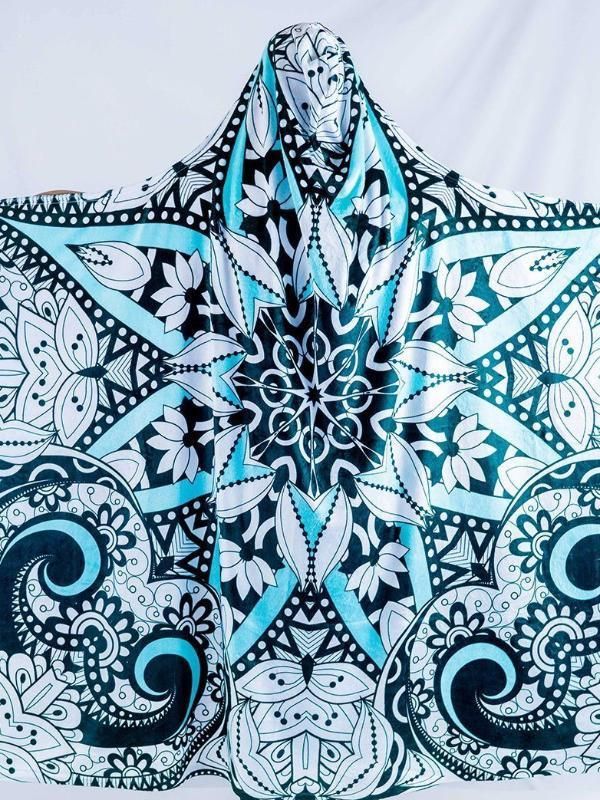 Kids Black, Teal, and White Mandala Hooded Blanket