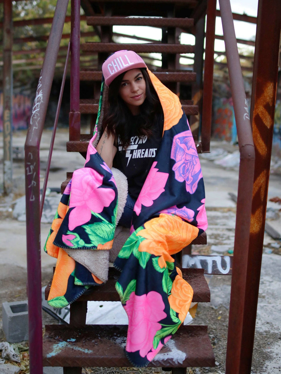 Neon Flowers Hooded Blanket