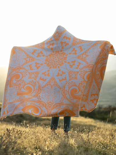 Neon Orange Lotus Mandala Hooded Blanket