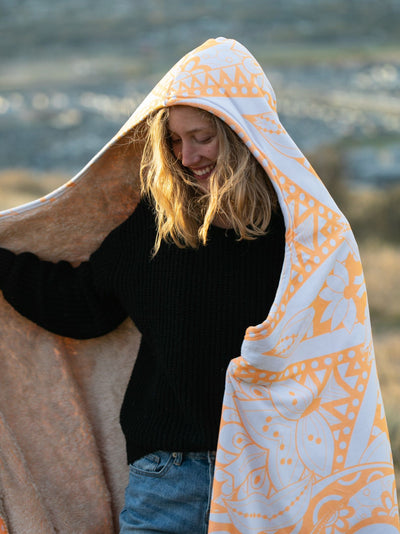 Neon Orange Lotus Mandala Hooded Blanket