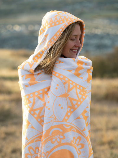 Neon Orange Lotus Mandala Hooded Blanket