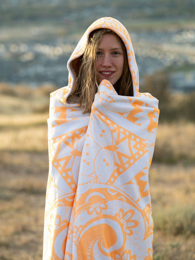 Neon Orange Lotus Mandala Hooded Blanket