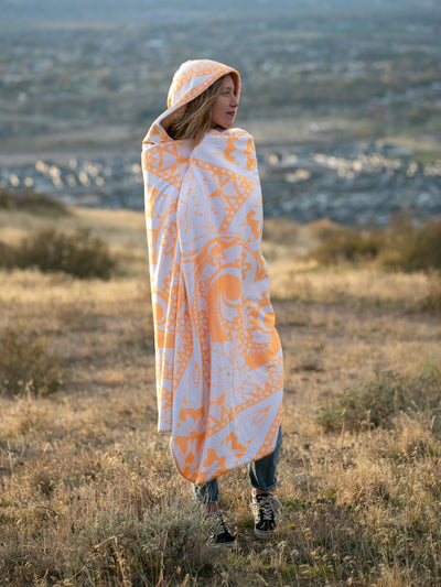 Neon Orange Lotus Mandala Hooded Blanket