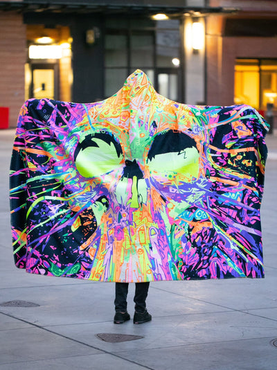 Neon Trippy Skull Hooded Blanket